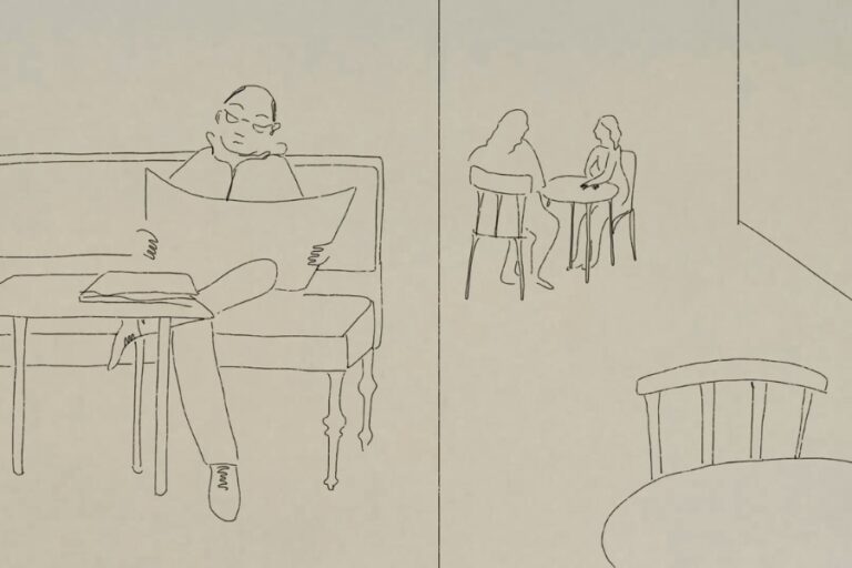 Kadr z filmu animowanego "Drogi Leo Sokolosky". Rysunek podzielony na pół: po lewej stronie mężczyzna czyta gazetę, po prawej dwie osoby rozmawiają przy stoliku.
