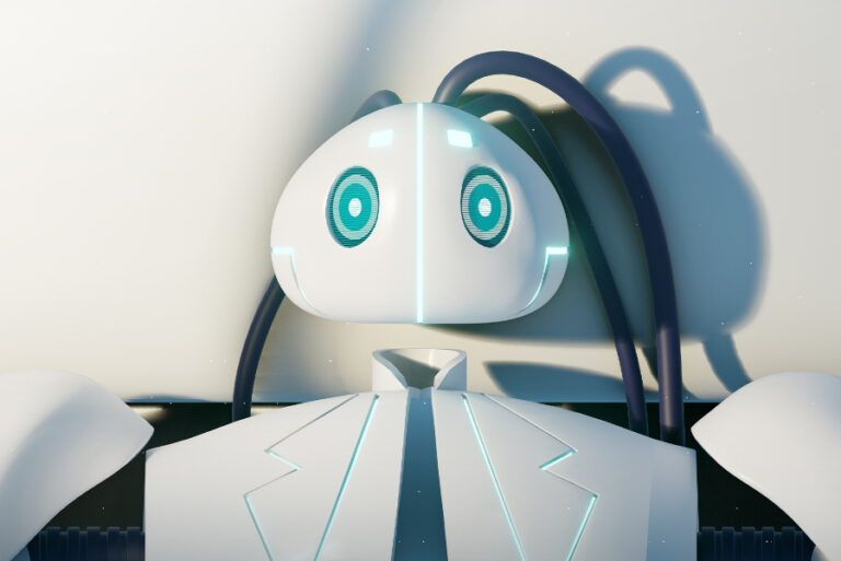 Kadr z filmu animowanego "I AM GLITCHING". Biały robot z zaskoczonym wyrazem twarzy podłączony do aparatury.