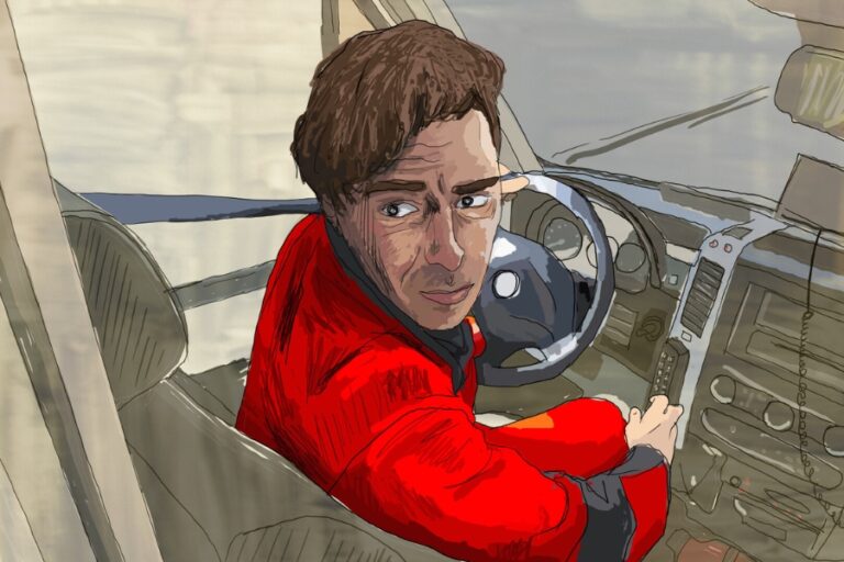 Kadr z filmu animowanego "I nie mów o mnie wariat". Mężczyzna prowadzi samochód i spogląda za siebie.