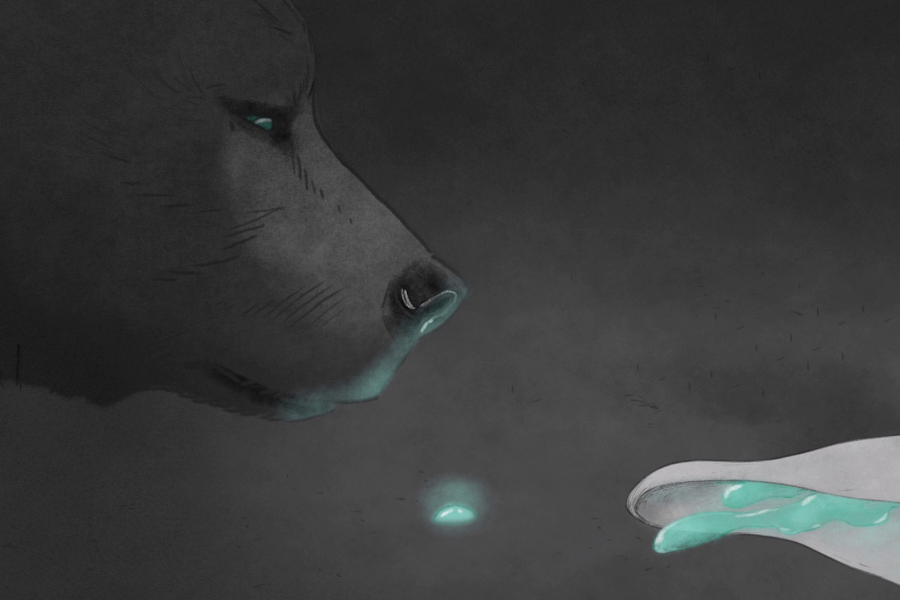 Kadr z filmu animowanego "The Bears' River". Niedźwiedź obserwuje fluorescencyjną substancję.