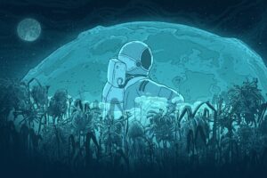 Kadr z filmu animowanego "Ostatni Człowiek na Ziemi". Postać w stroju astronauty siedzi na łące pełnej wpół zwiędłych kwiatów, wpatrując się w ogromny księżyc.