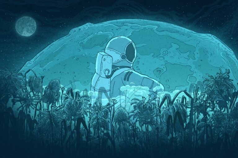 Kadr z filmu animowanego "Ostatni Człowiek na Ziemi". Postać w stroju astronauty siedzi na łące pełnej wpół zwiędłych kwiatów, wpatrując się w ogromny księżyc.