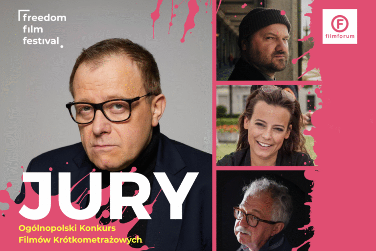 grafika przedstawiająca 4 osoby na różowym tle, pokryte różowymi mazami, z logotypami freedom film festival i filmforum oraz napisem jury ogólnopolskiego konkursu filmów krótkometrażowych