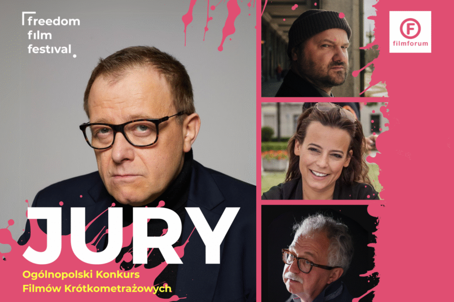 grafika przedstawiająca 4 osoby na różowym tle, pokryte różowymi mazami, z logotypami freedom film festival i filmforum oraz napisem jury ogólnopolskiego konkursu filmów krótkometrażowych